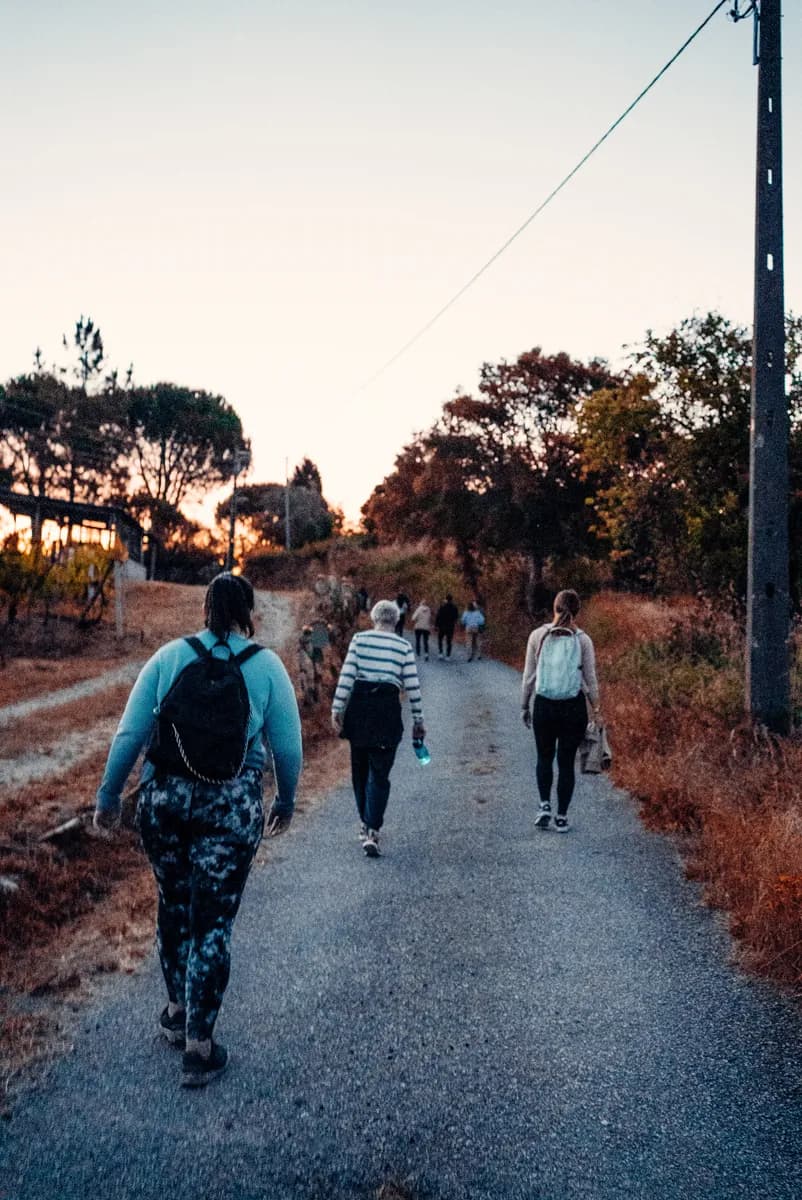 Group of guests walking along a country road at sunrise during a morning adventure hike, Central Portugal